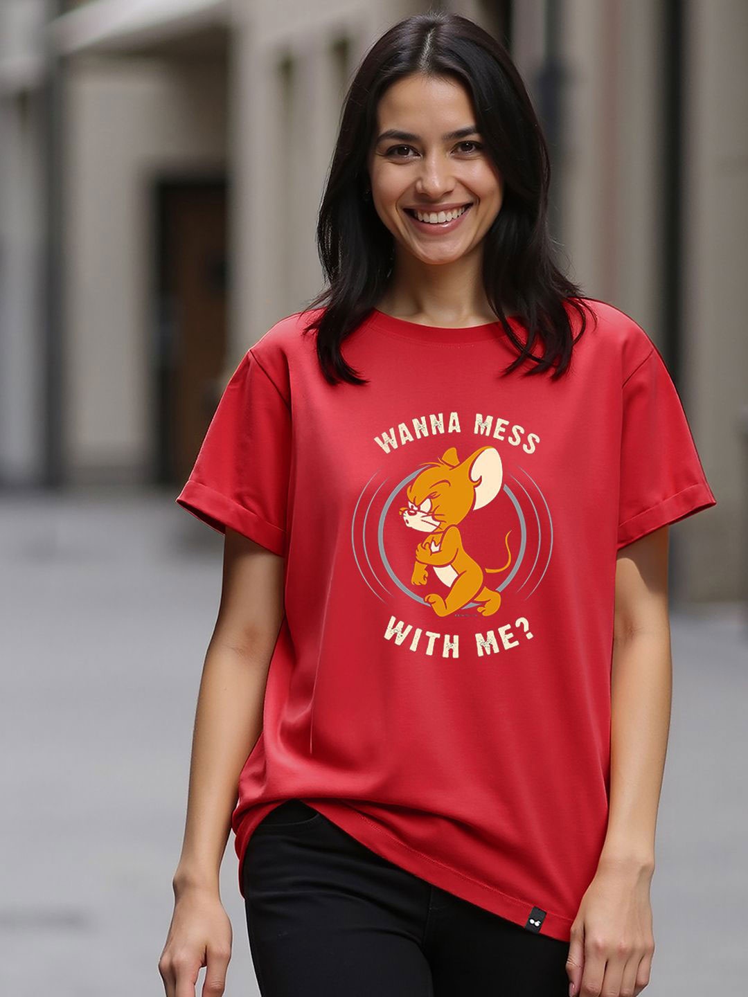 

Bewakoof Women Tom & Jerry Graphic Printed Round Neck Cotton Relaxed Fit T-shirt, Red
