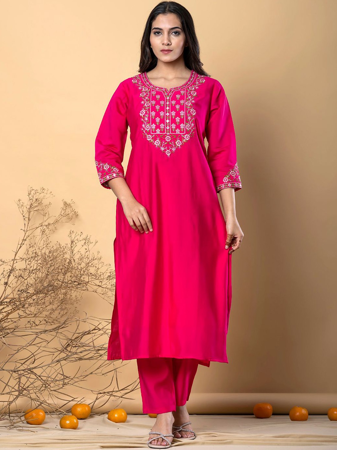 

Readiprint Yoke Design Floral Embroidered Straight Kurta With Trousers, Pink