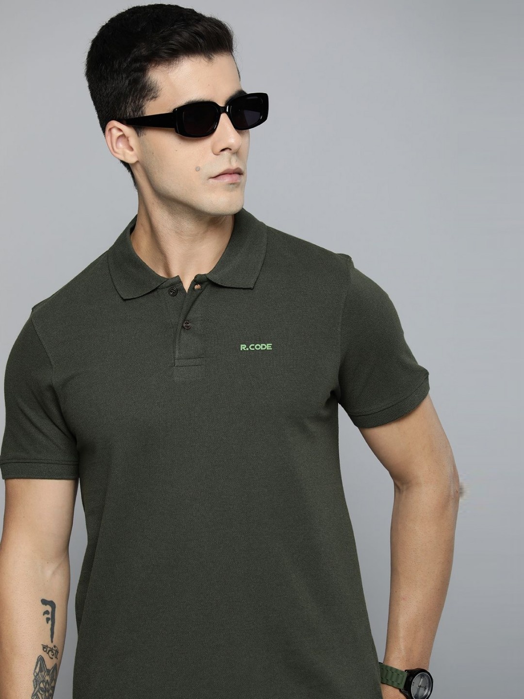 

R.Code by The Roadster Lifestyle Co. Men Regular Fit Solid Polo Collar Cotton T-shirt, Olive