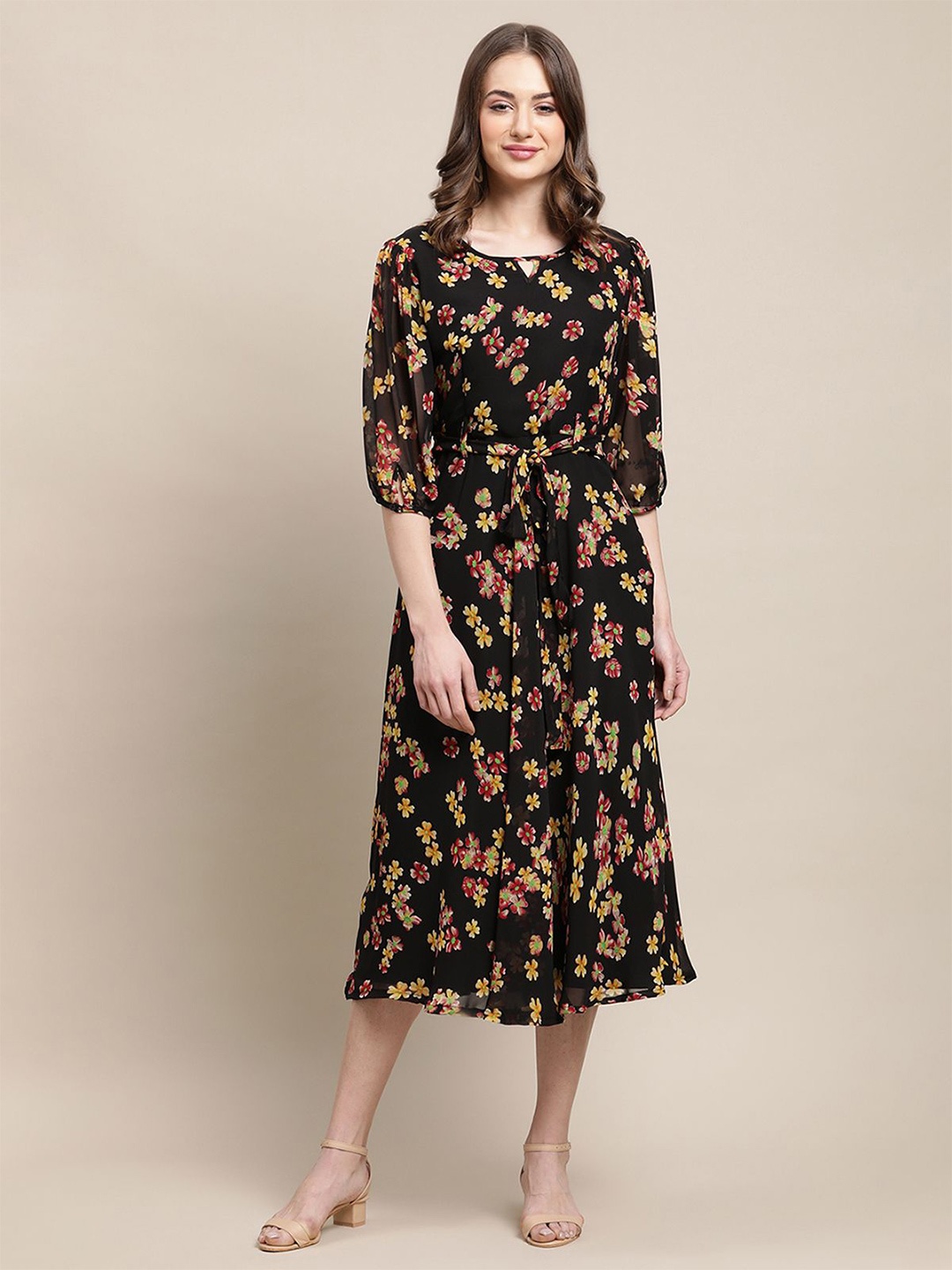 

Metronaut Women Floral Printed Keyhole Neck Puff Sleeves Midi Fit & Flare Dress, Black