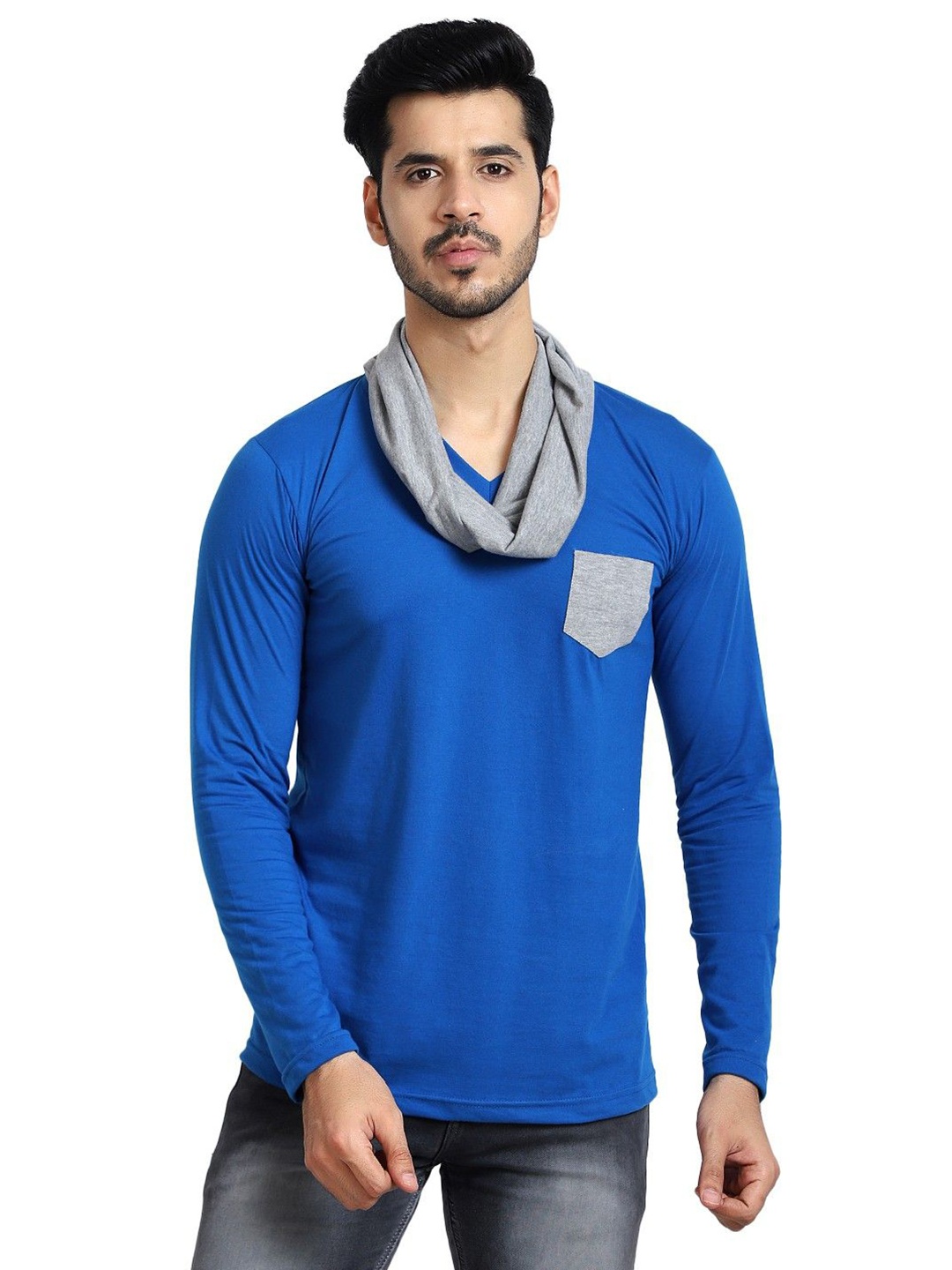 

Black Collection Men Solid V-Neck Cotton Slim Fit T-shirt, Blue