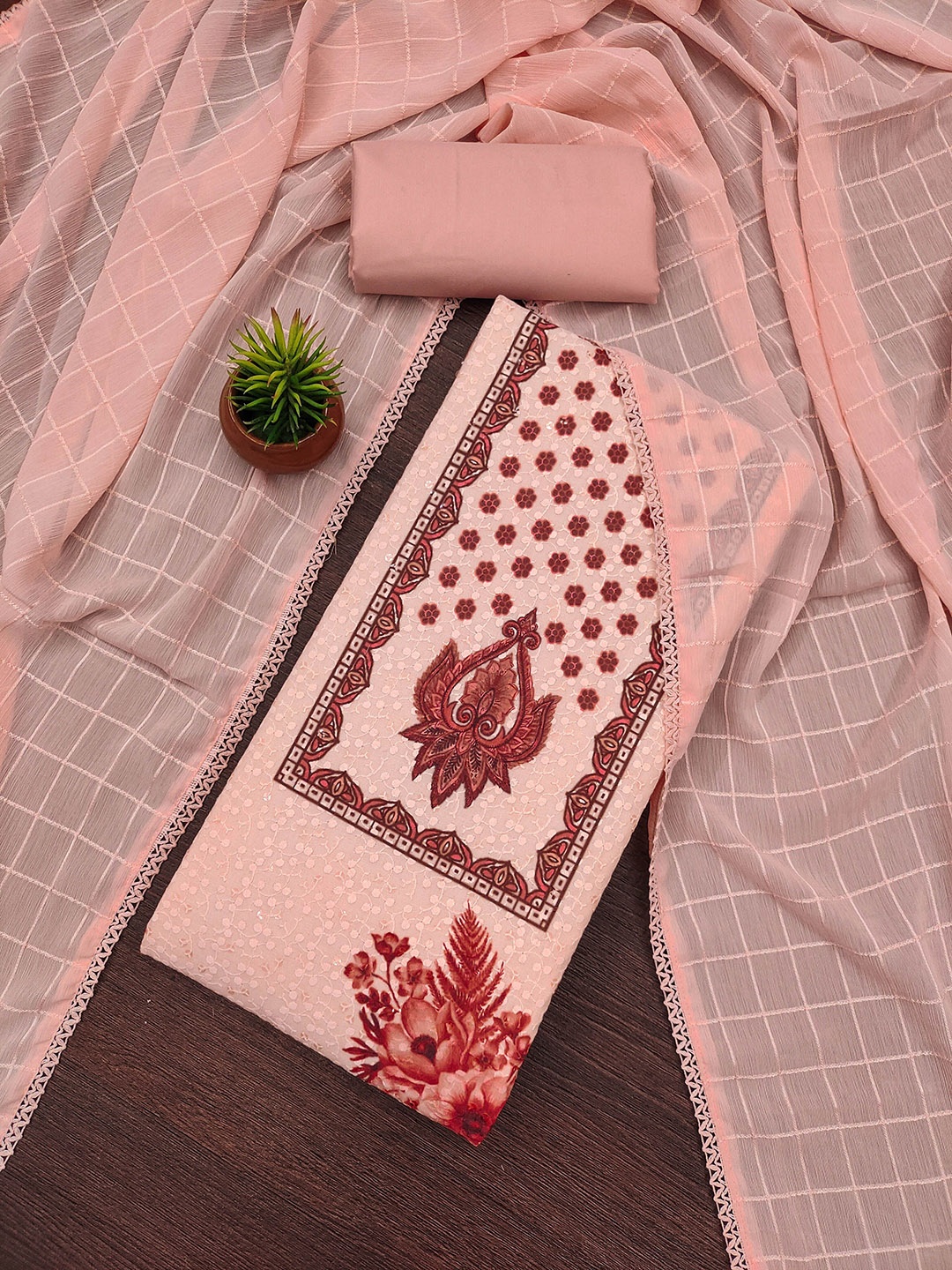 

MANVAA Ethnic Motifs Embroidered Unstitched Dress Material, Peach