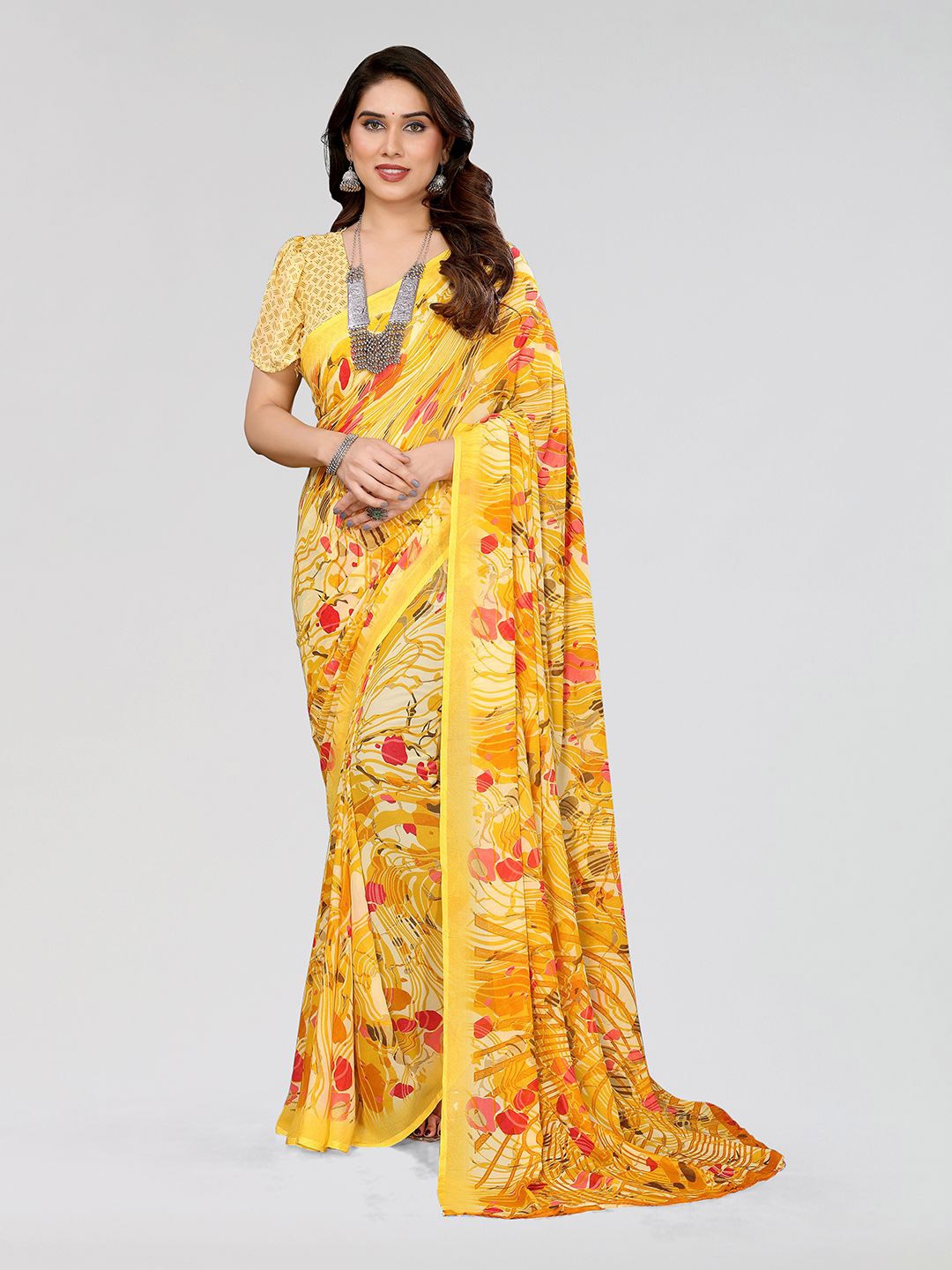 

Moda Rapido Ethnic Motifs Poly Georgette Saree, Yellow