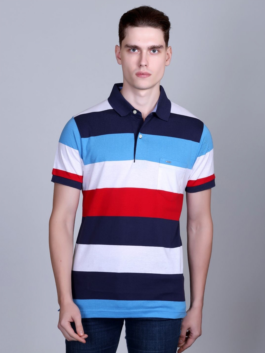 

CONFIDENCE Men Striped Polo Collar Cotton T-shirt, Navy blue