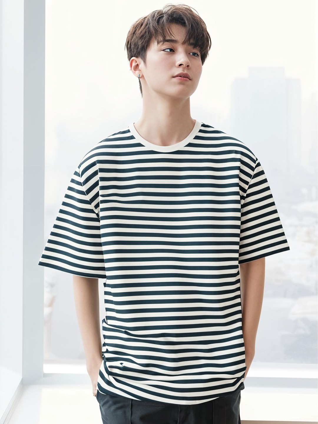 

MACK JONNEY Men Striped Round Neck Cotton Oversized T-shirt, Blue