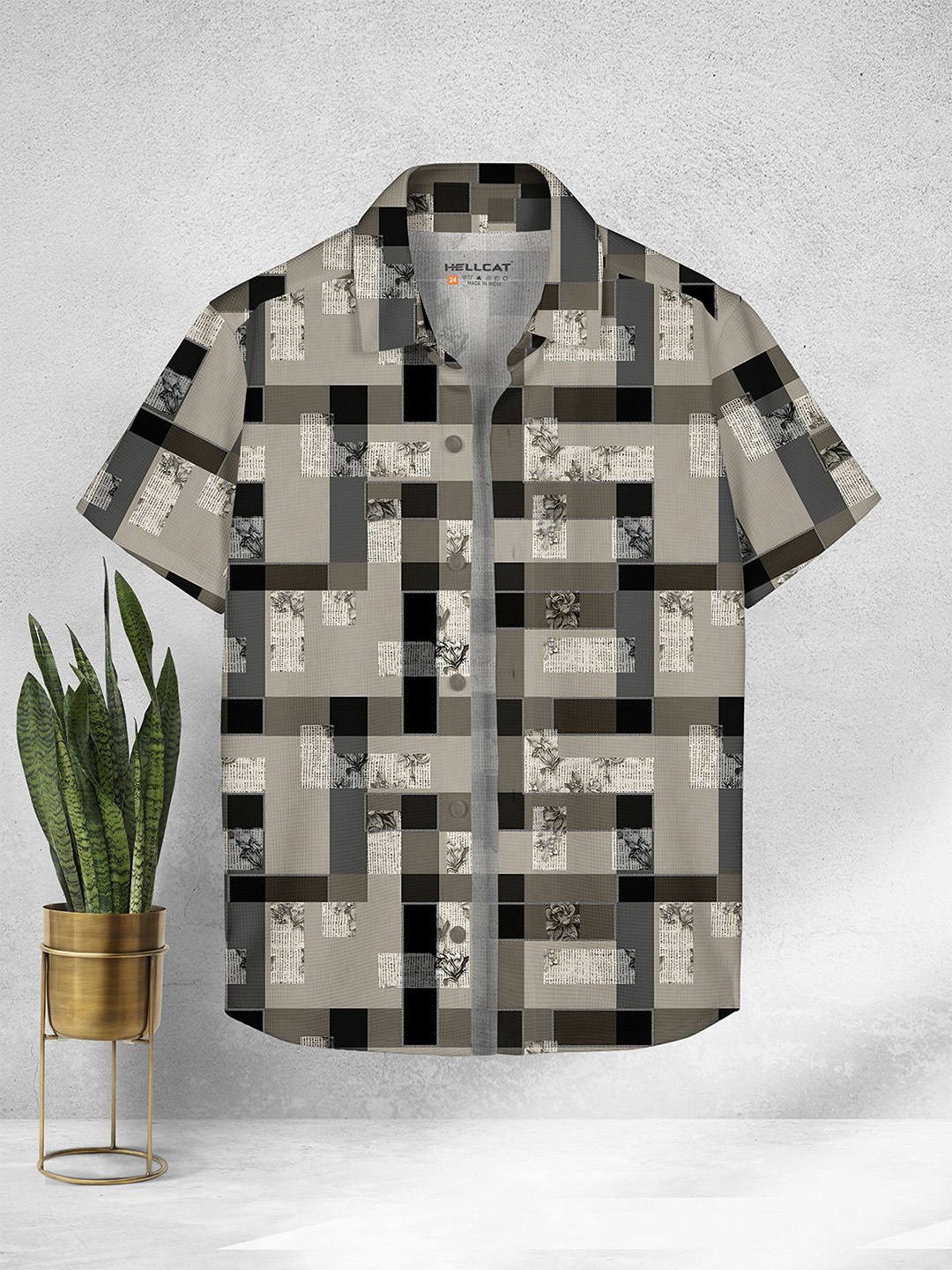 

HELLCAT Boys Spread Collar Checked Cotton Casual Shirt, Beige