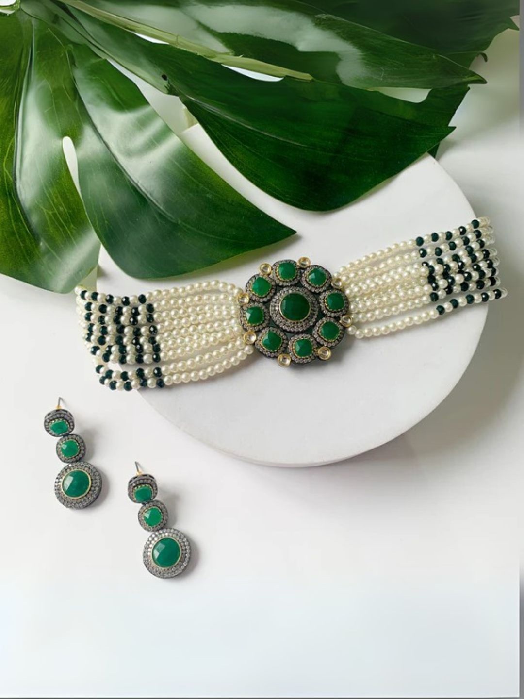 

I Jewels Artificial Stones Studded & Pearls Beaded Layered Jewellery Set, Green