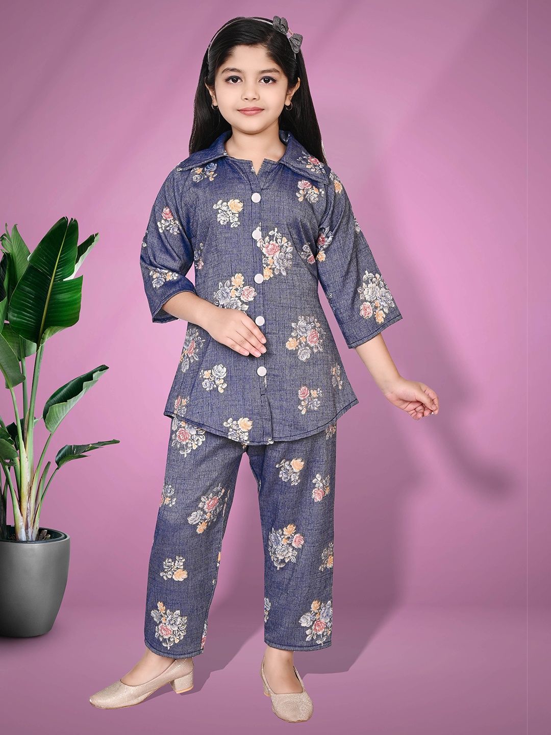 

KAARIGARI Girls Floral Printed Pure Cotton Tunic With Trousers, Navy blue