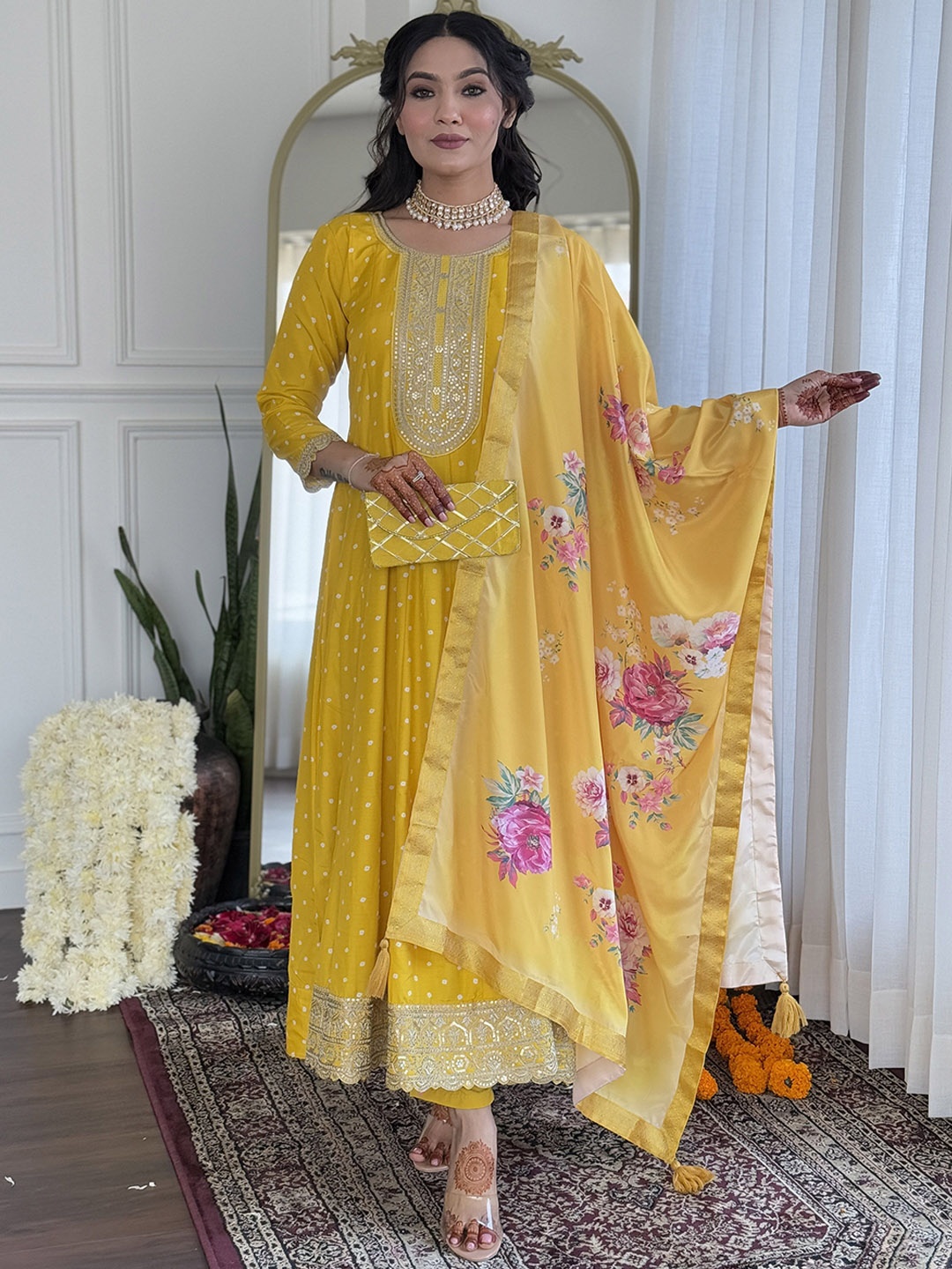 

KALINI Bandhani Printed Round Neck Anarkali Kurta With Trousers And Dupatta, Yellow