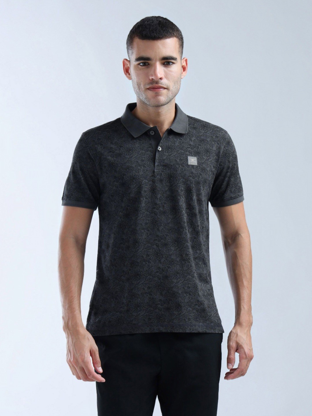 

Flying Machine Men Floral Printed Polo Collar Cotton T-shirt, Grey