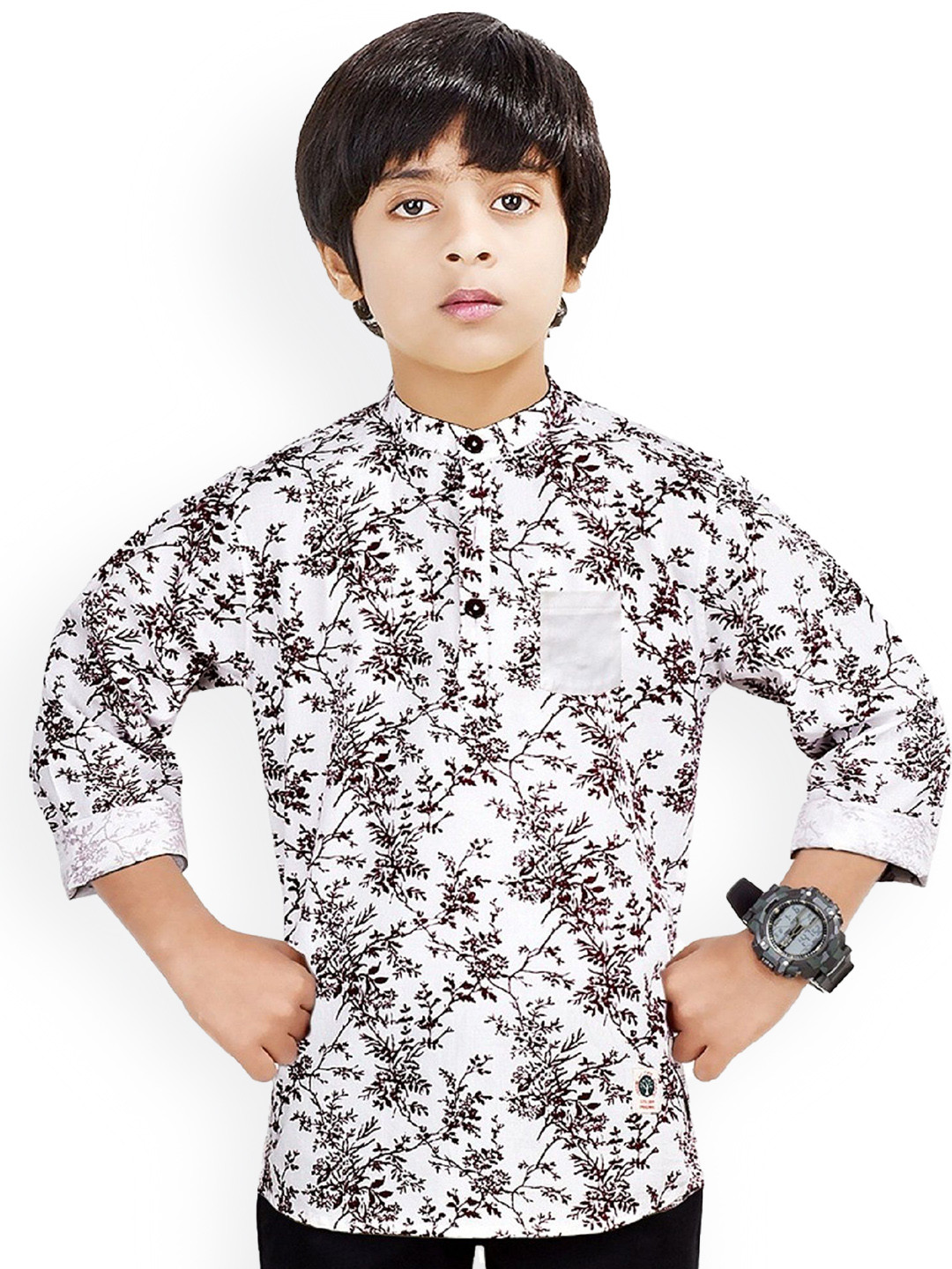 

MADE IN THE SHADE Boys Floral Printed Band Collar Cotton Straight Kurta, White