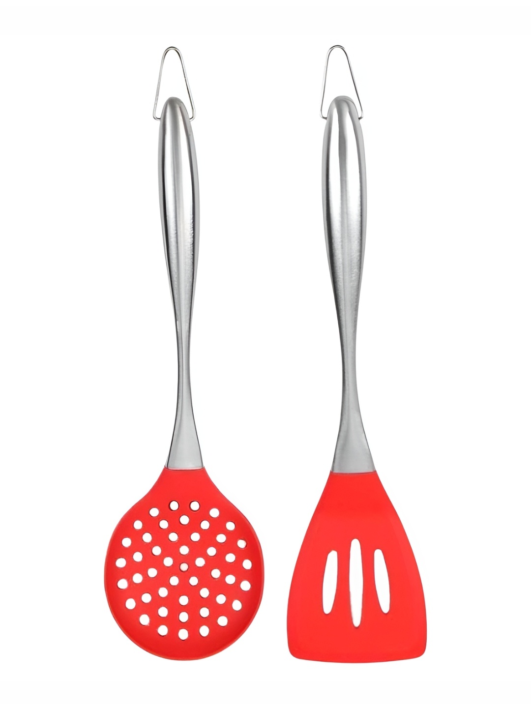 

Baskety Red & Silver Toned 2 Pieces Steel Slotted Spatula With Skimmer Spoon