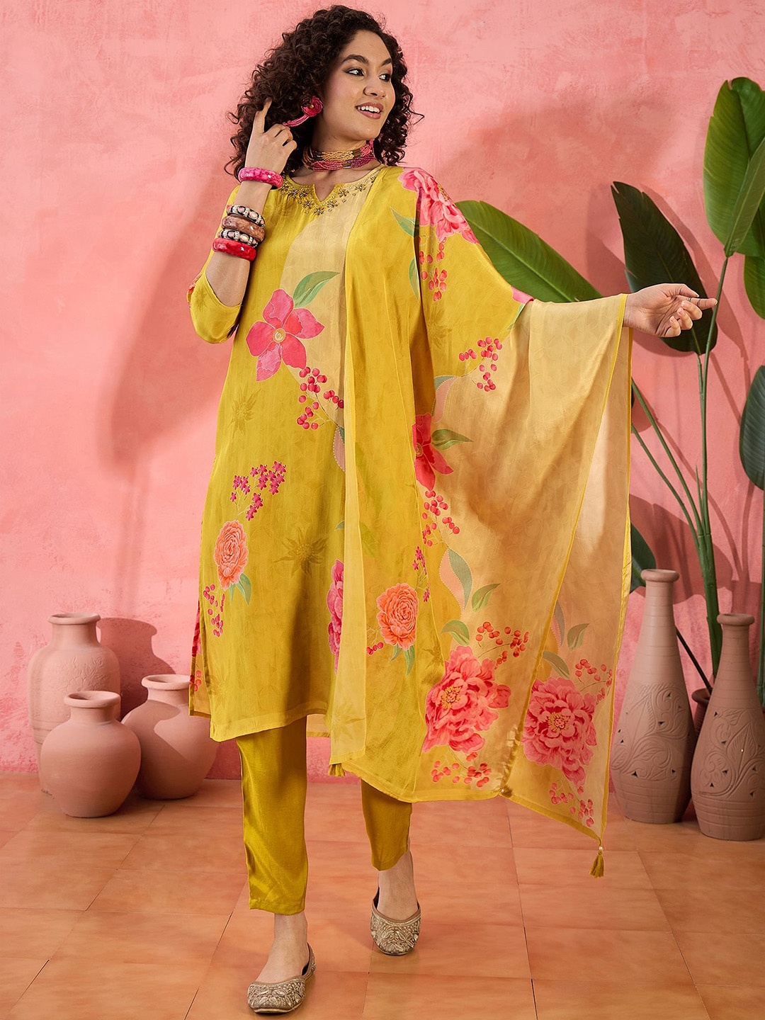

Sangria Floral Printed Notch Neck Straight Kurta With Trouser And Dupatta, Yellow