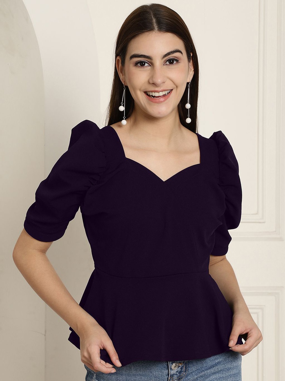

Tromko Women Solid Sweetheart Neck Peplum Top, Navy blue