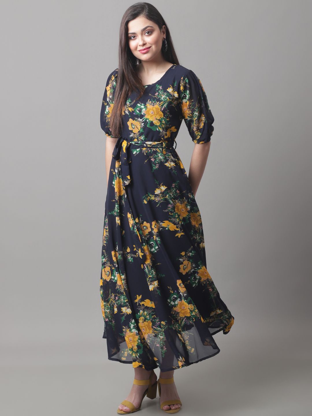 

Metronaut Floral Printed Georgette Maxi Dress With Tie-up Belt, Navy blue
