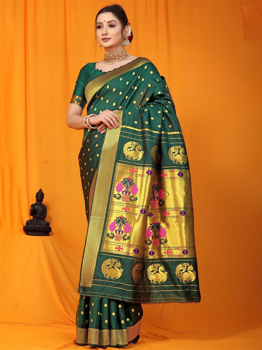 

Kandora Woven Design Zari Pure Silk Paithani Saree, Green