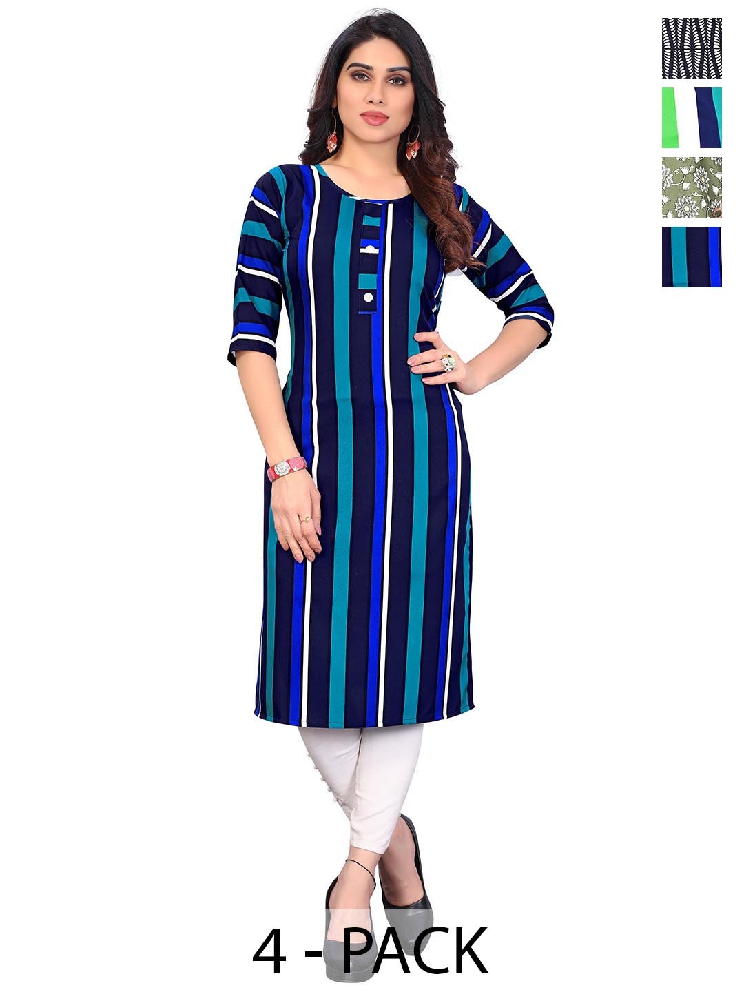 

KETAKI FASHION Selection Of 4 Striped Round Neck Straight Kurtas, Blue