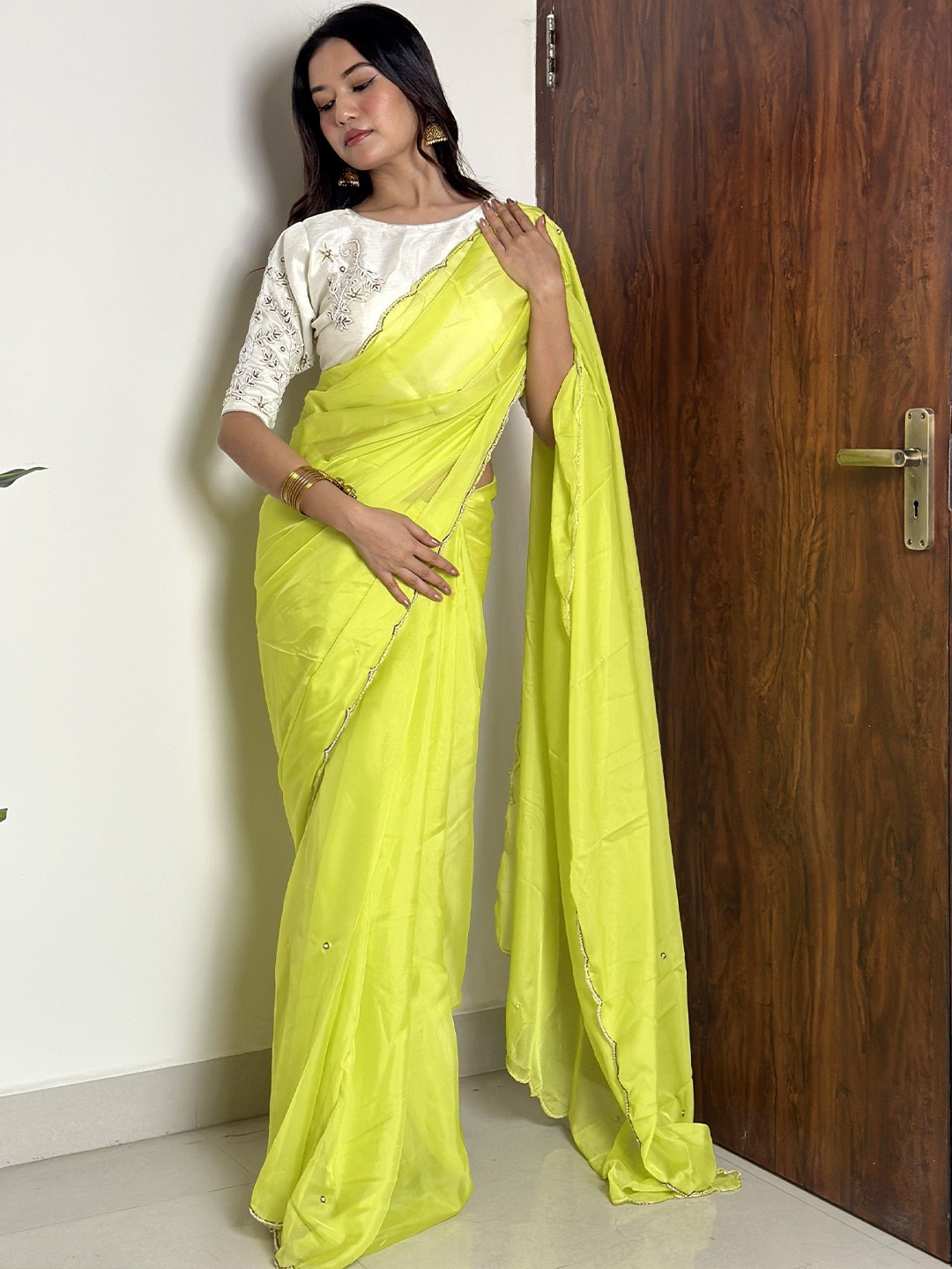 

DIVASTRI Beads and Stones Organza Saree, Lime green