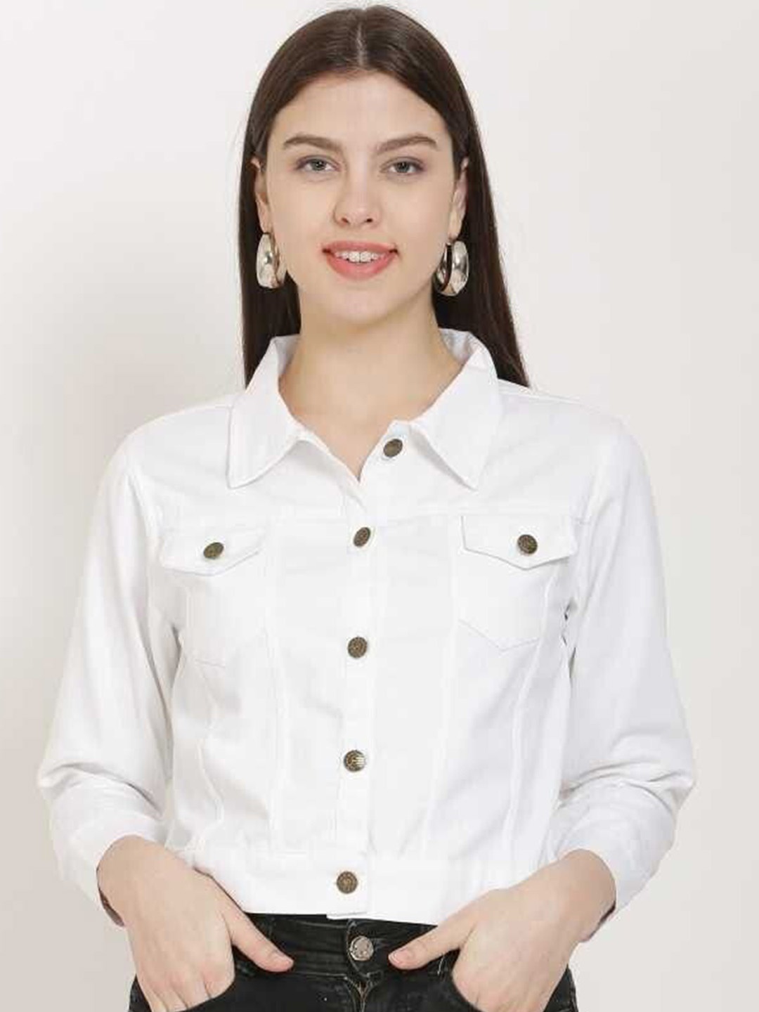 

KASHIAN Women Spread Collar Solid Casual Denim Jacket, White