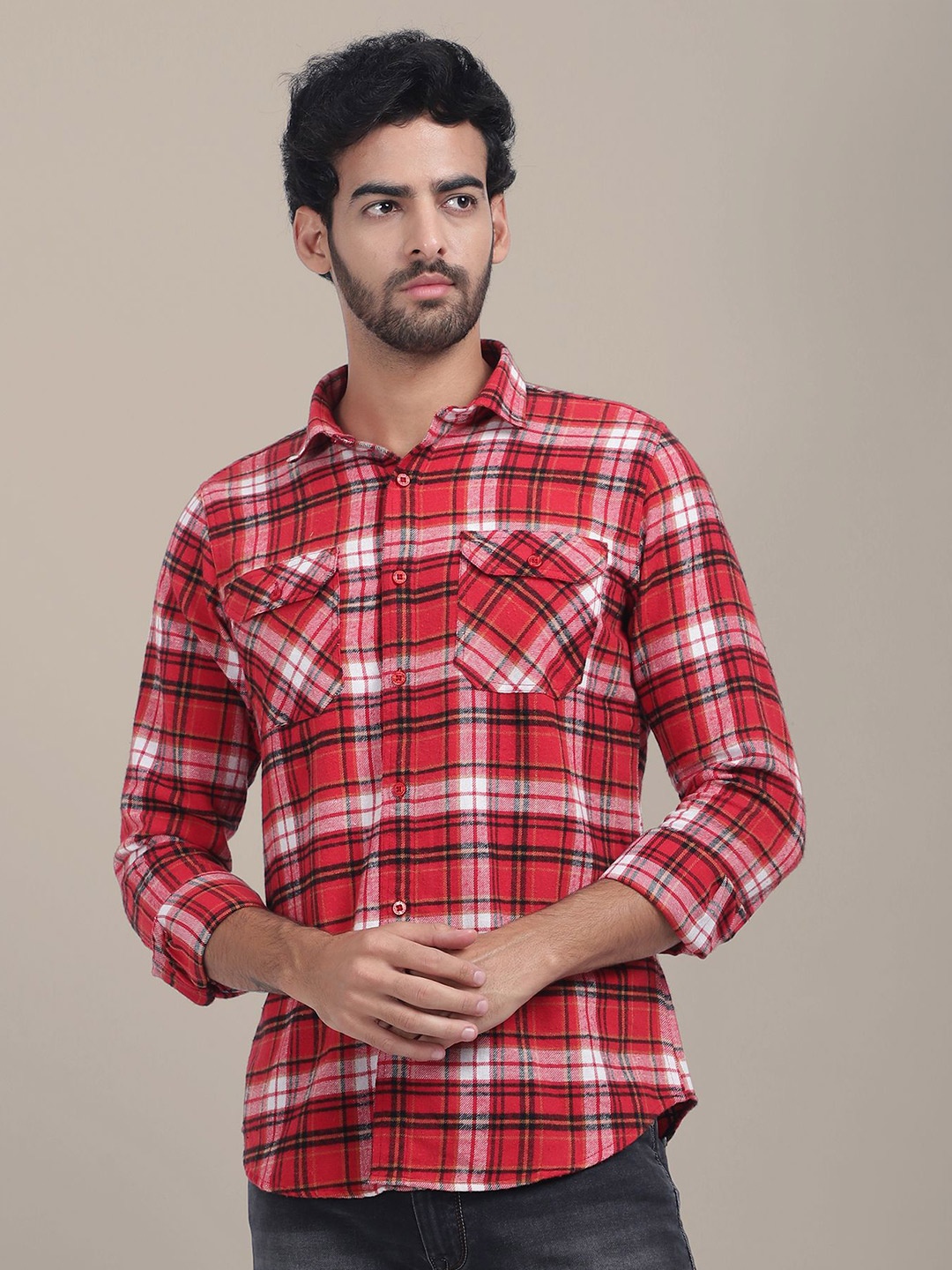 

AMSWAN Men Spread Collar Tartan Checked Cotton Casual Shirt, Red