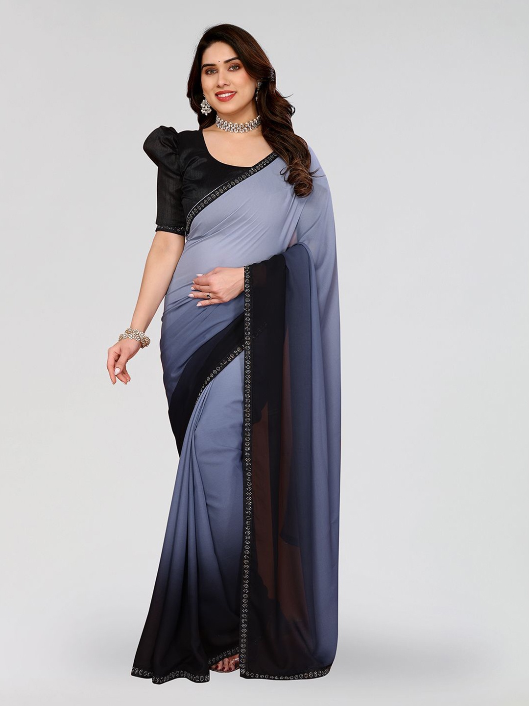 

Moda Rapido Ombre Beads and Stones Poly Georgette Saree, Grey