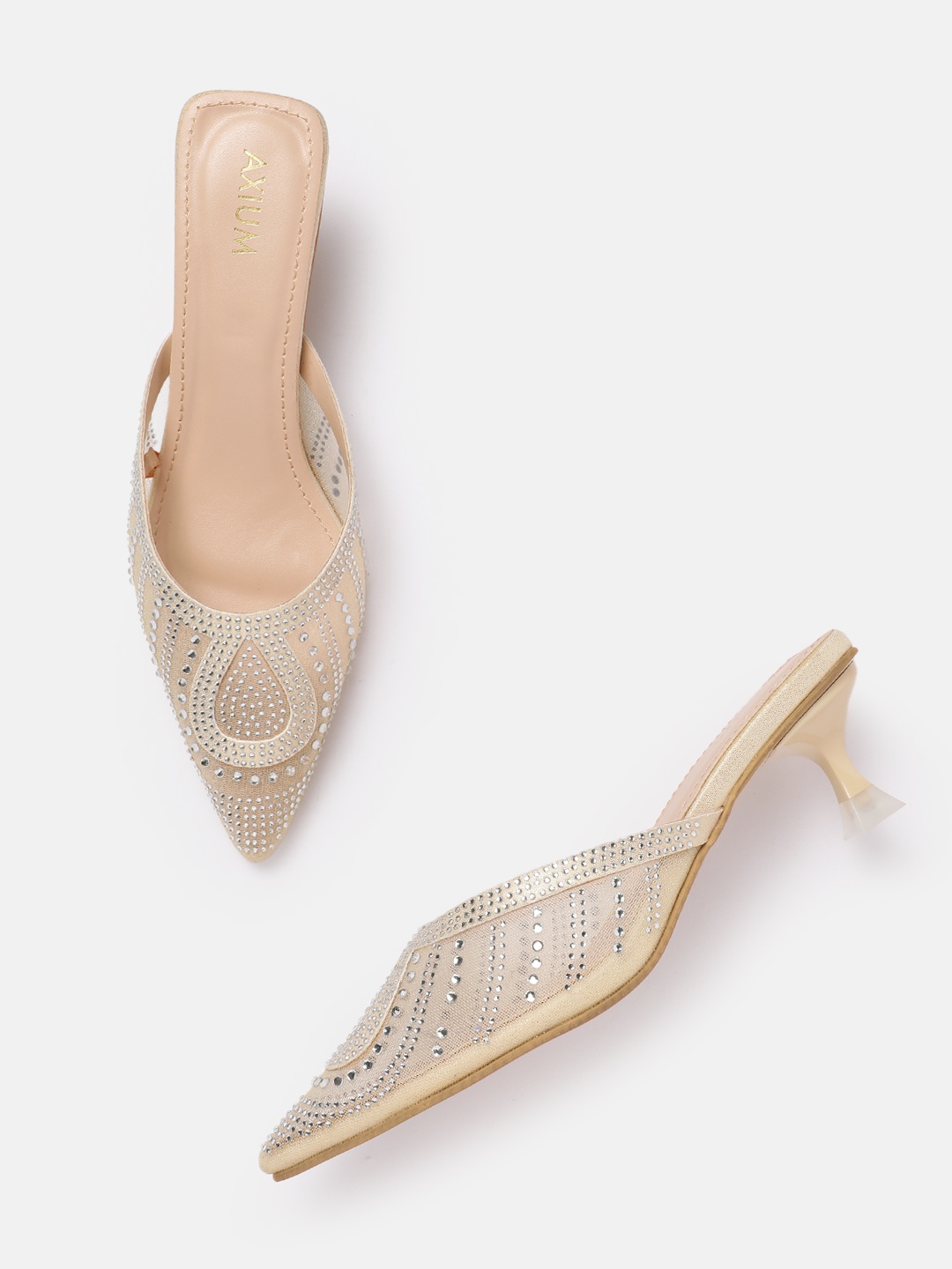 

AXIUM Embellished Ethnic Kitten Mules, Cream