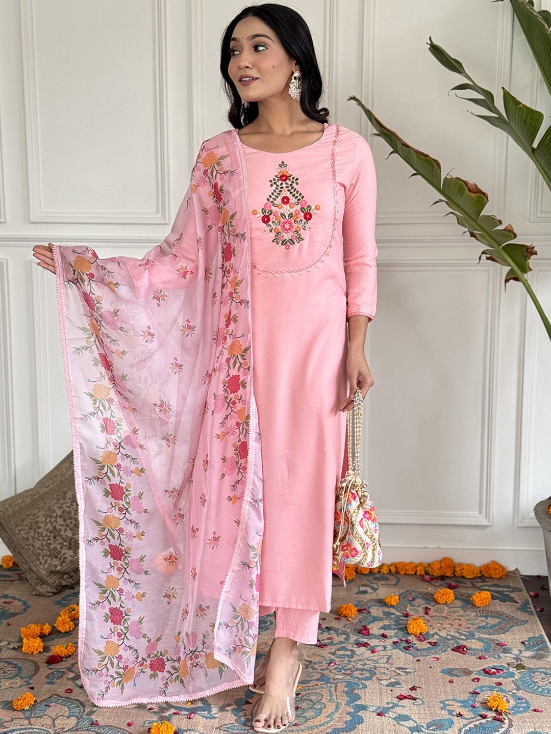 

KALINI Floral Embroidered Round Neck Straight Kurta With Trousers And Dupatta, Peach