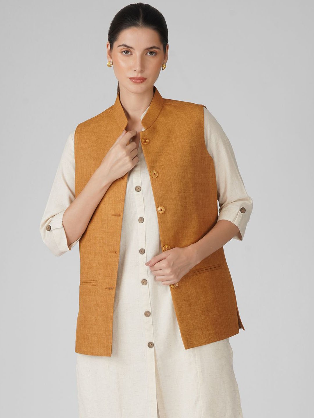 

KALINI Pure Cotton Woven Nehru Jacket, Bronze