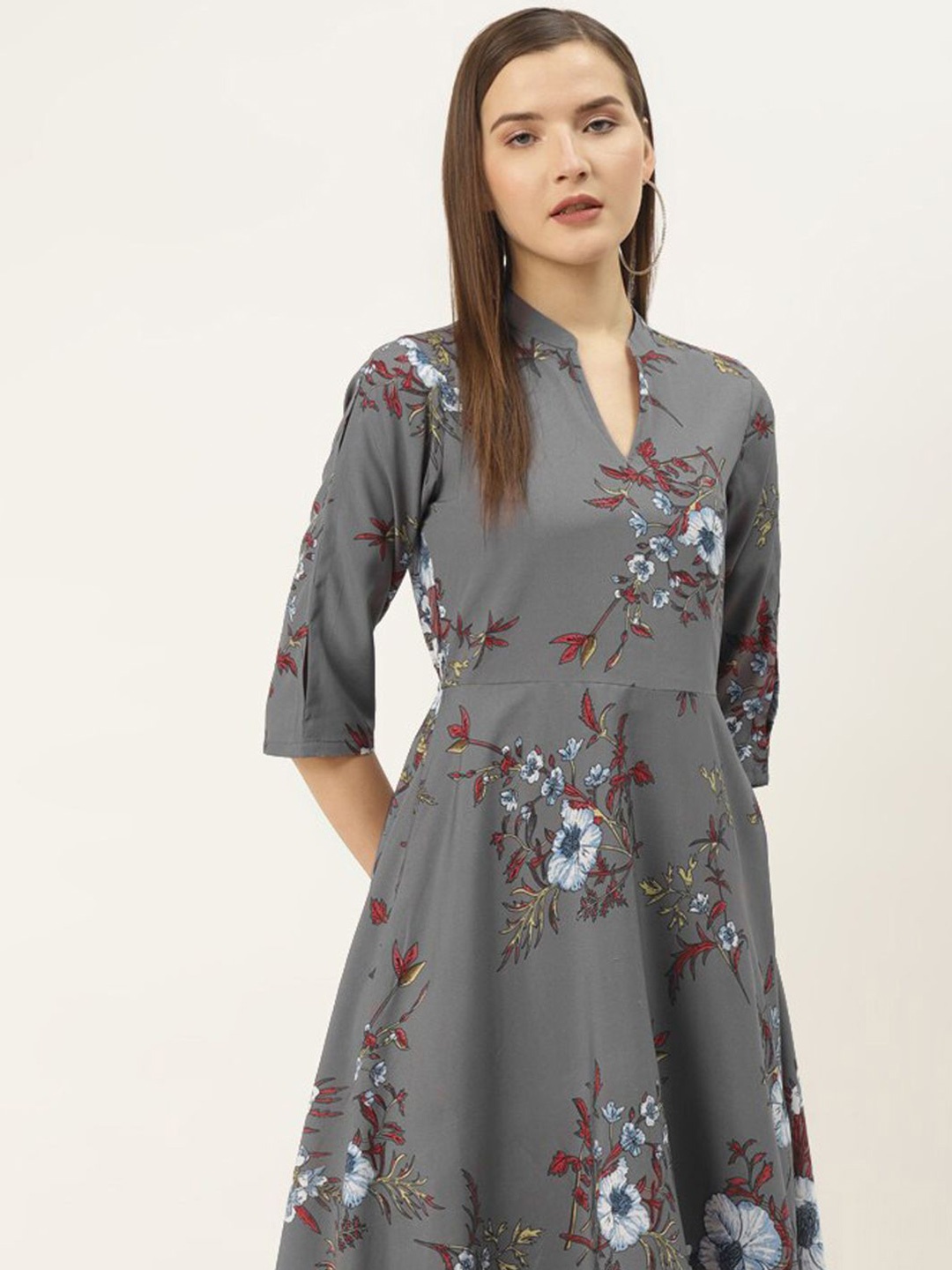 

DressBerry Women Floral Printed Fit and Flare Midi Dress, Grey