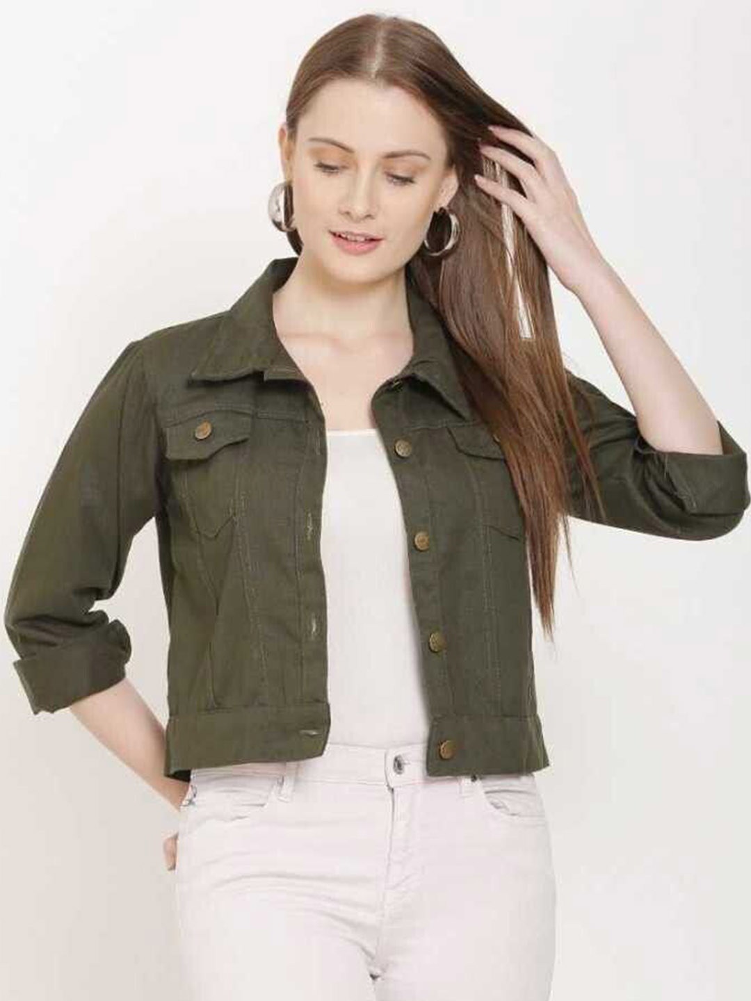 

KASHIAN Women Spread Collar Solid Casual Denim Jacket, Olive