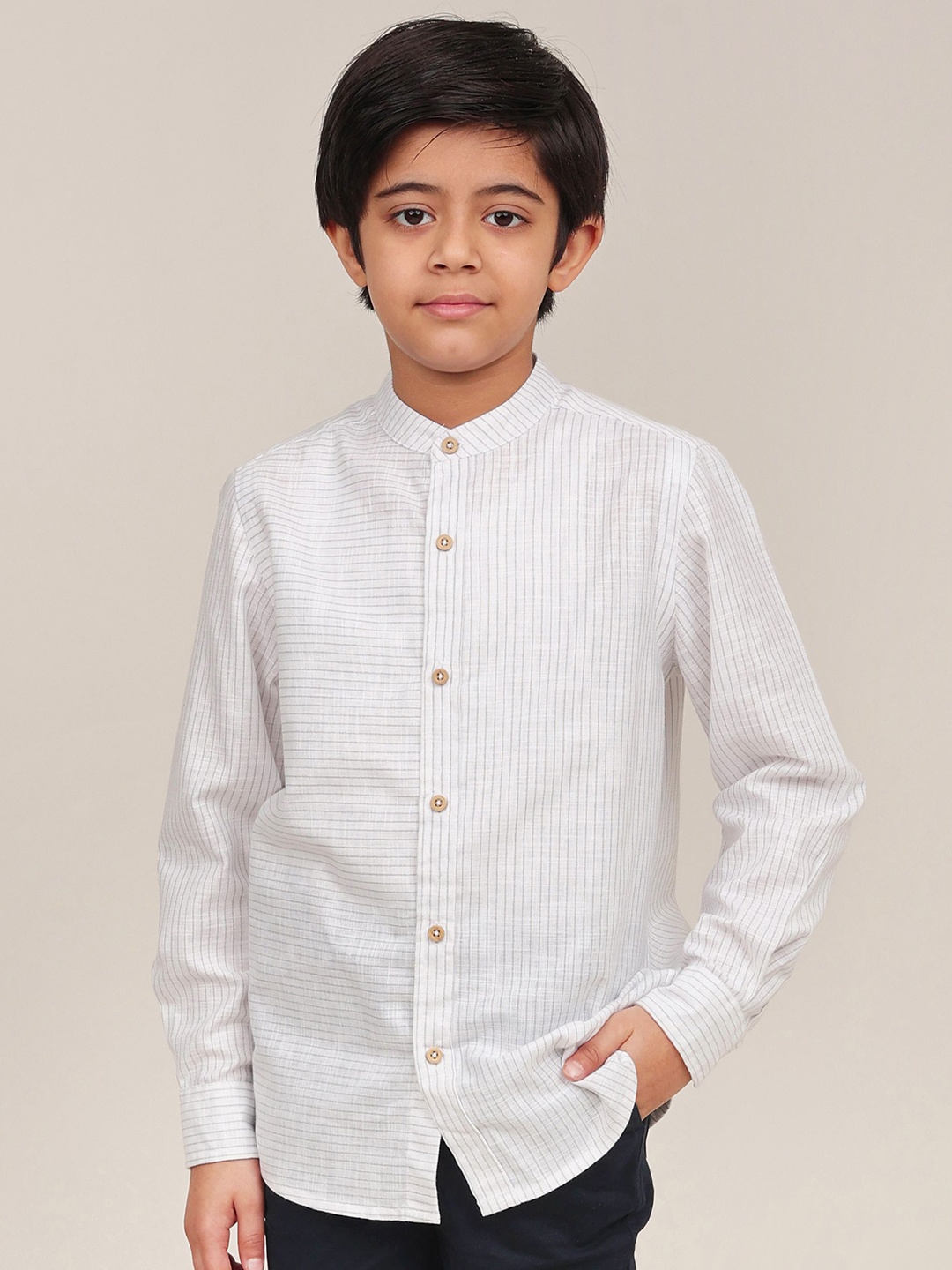 

Campana Boys Band Collar Pinstripes Striped Cotton Casual Shirt, White