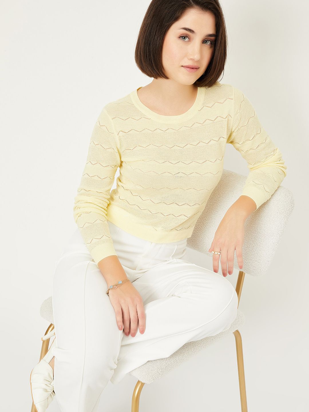 

max Women Self Design Round Neck Top, Yellow