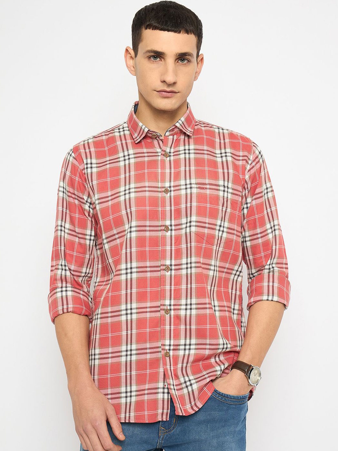 

Duke Men Slim Fit Tartan Checks Opaque Checked Casual Shirt, Red