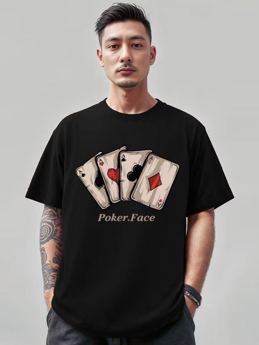 

HERE&NOW Men Graphic Printed Round Neck Cotton Oversized T-shirt, Black