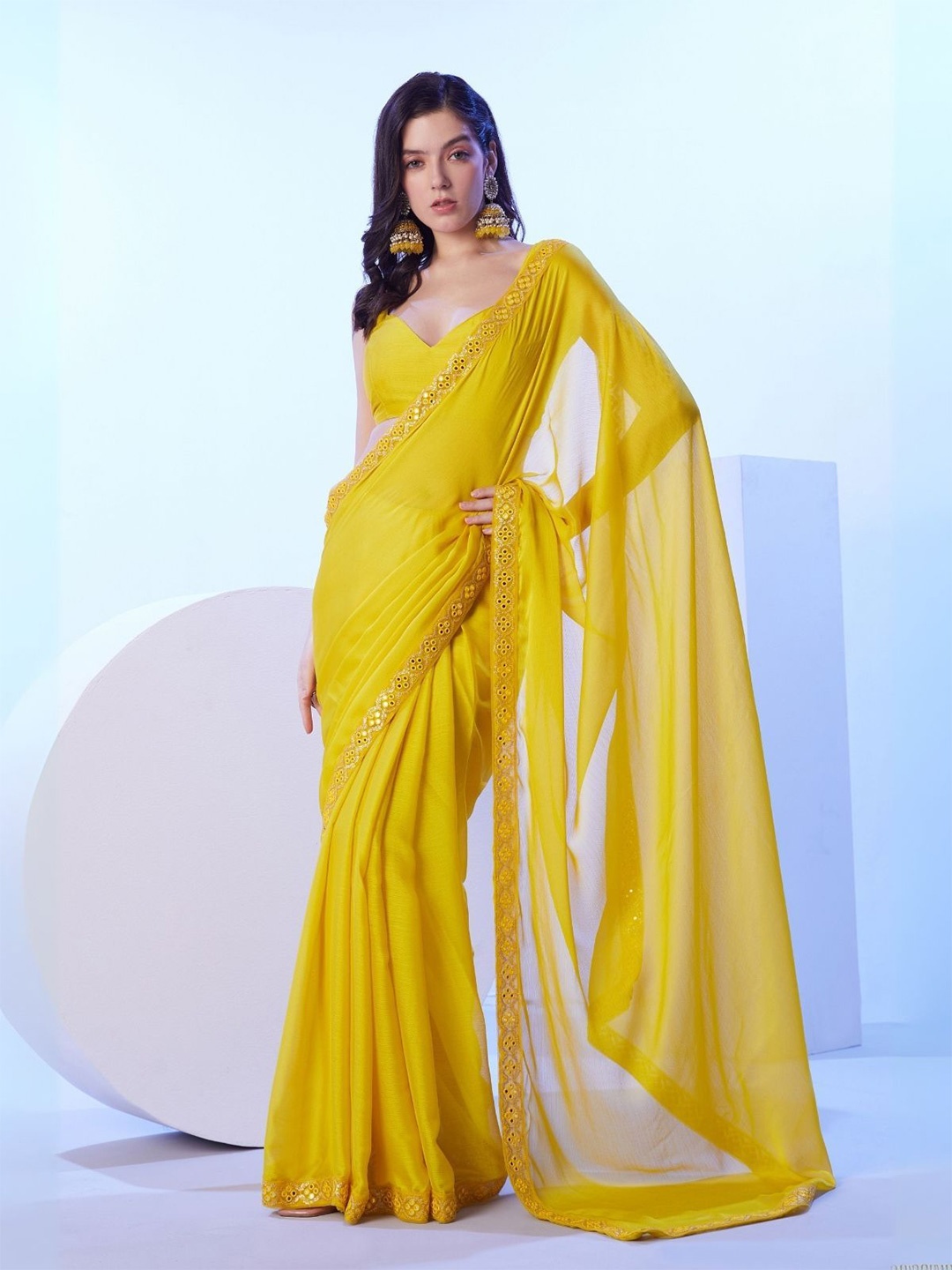 

ODETTE Yellow Georgette Lace Work Saree With Unstitched Blouse For Women