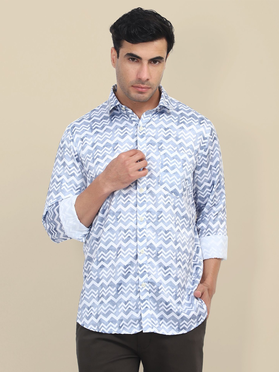 

AMSWAN Men Spread Collar Abstract Printed Satin Casual Shirt, Blue