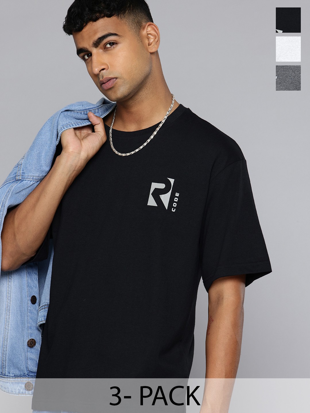 

R.Code by The Roadster Lifestyle Co. Men Pack Of 3 Solid Cotton Relaxed Fit T-shirts, Black