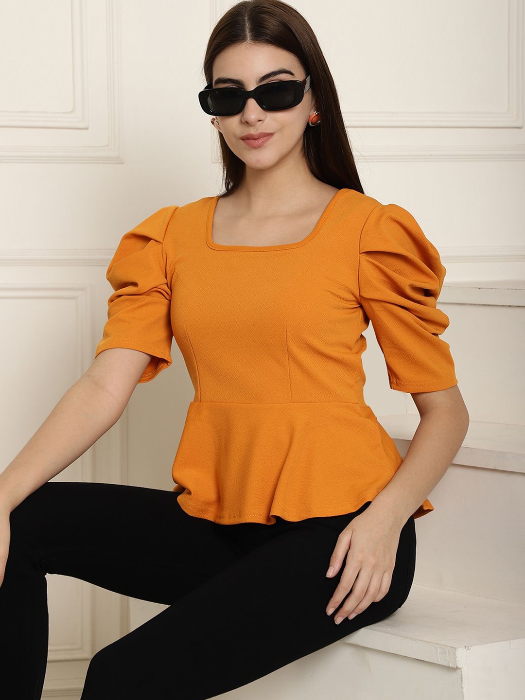 

Tromko Puff Sleeve Peplum Top, Yellow