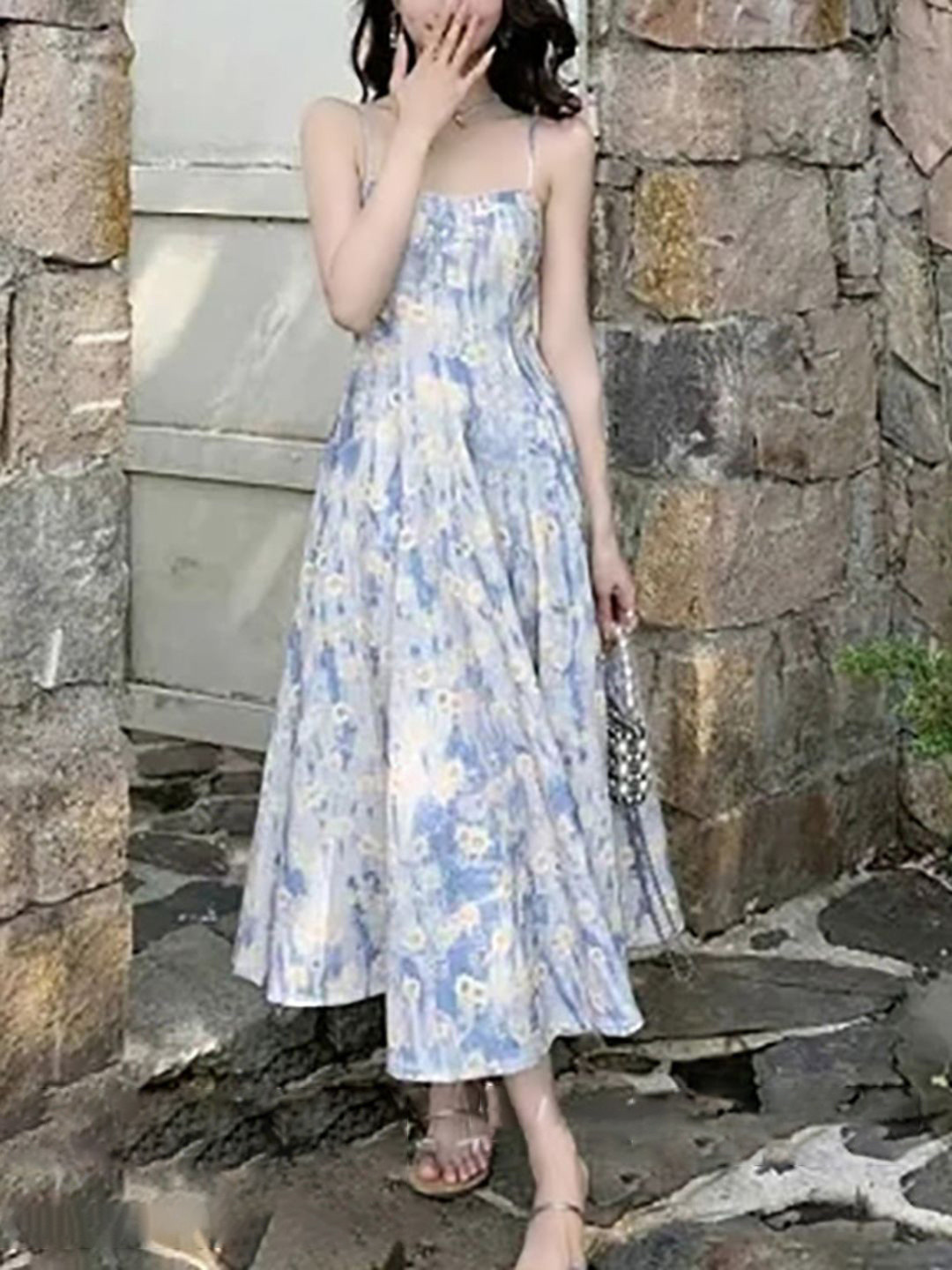 

bebe Women Floral Printed Shoulder Straps Fit & Flare Dress, Blue