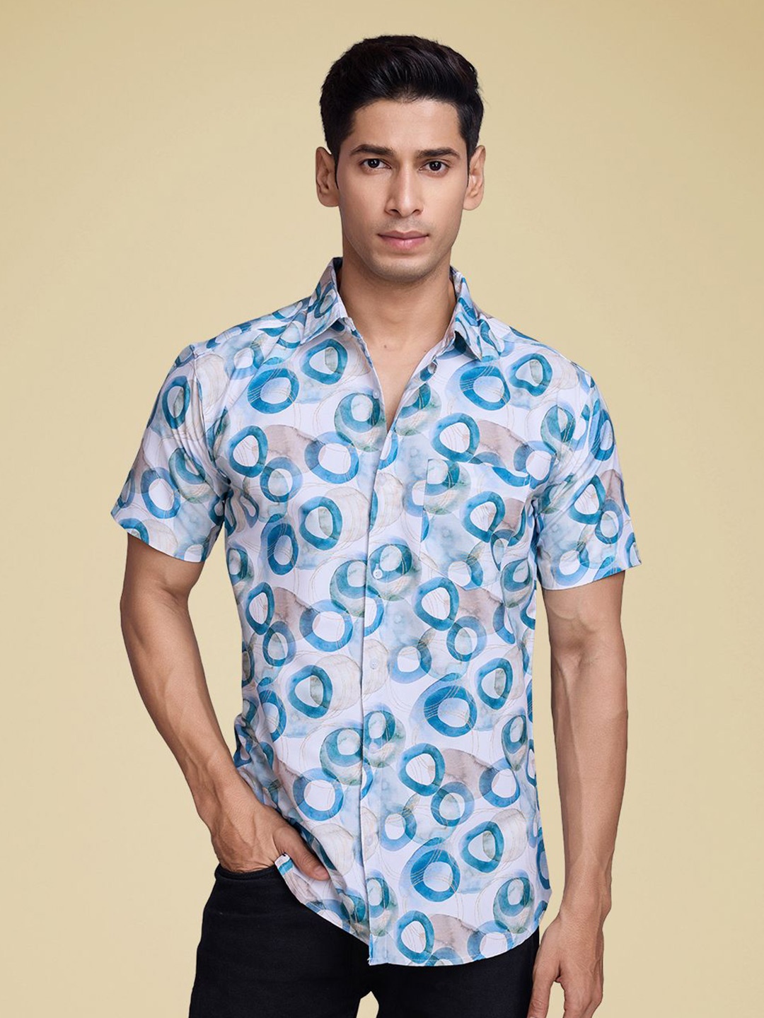 

Moda Rapido Men Standard Fit Spread Collar Geometric Printed Cotton Casual Shirt, White