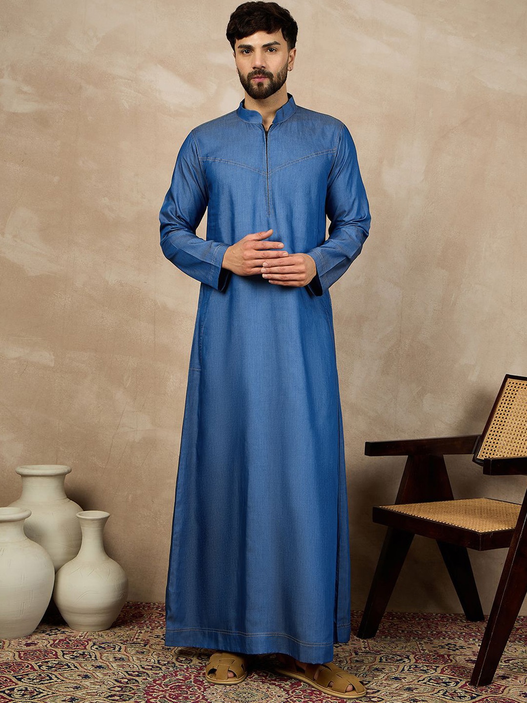 

NABIA Men Mandarin Collar Denim A-Line Thobe kurta, Blue