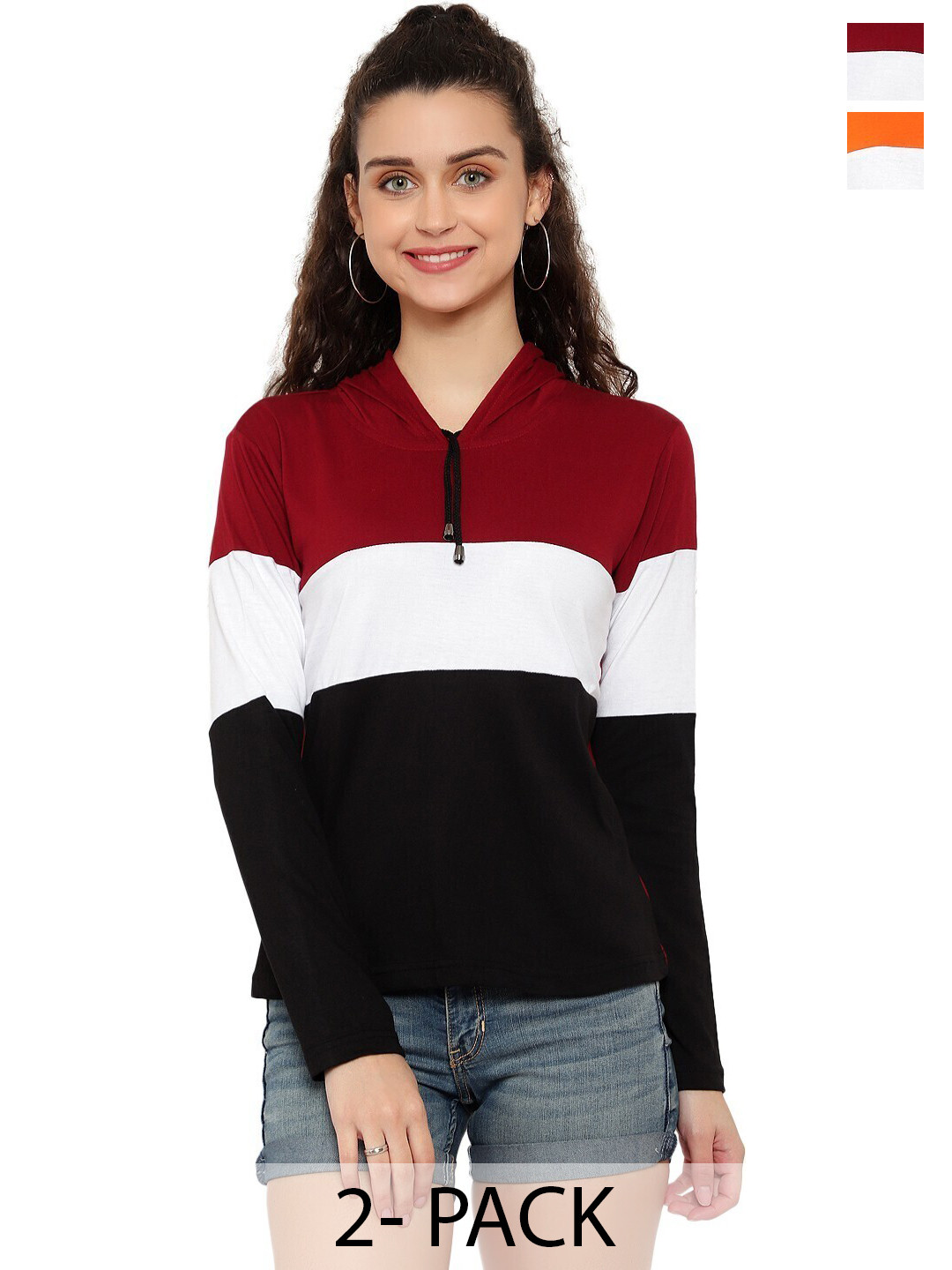 

DEEPMAYRA COLLECTION Women Pack Of 2 Colourblocked Hood Cotton T-shirts, Black
