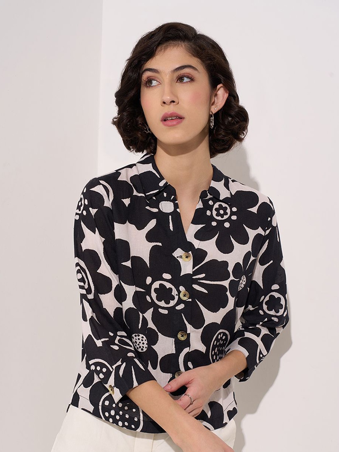 

AKKRITI BY PANTALOONS Roll-Up Sleeves Cotton Shirt Style Top, Black