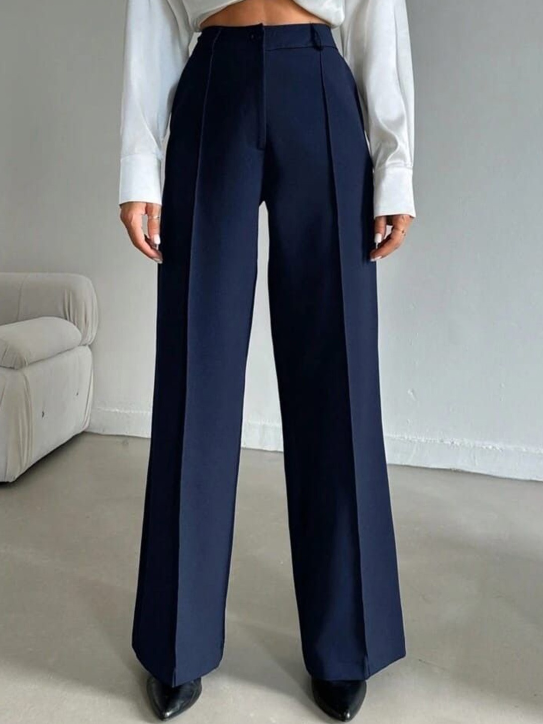 

BROADSTAR Women Smart Straight Fit High-Rise Easy Wash Pleated Trousers, Navy blue
