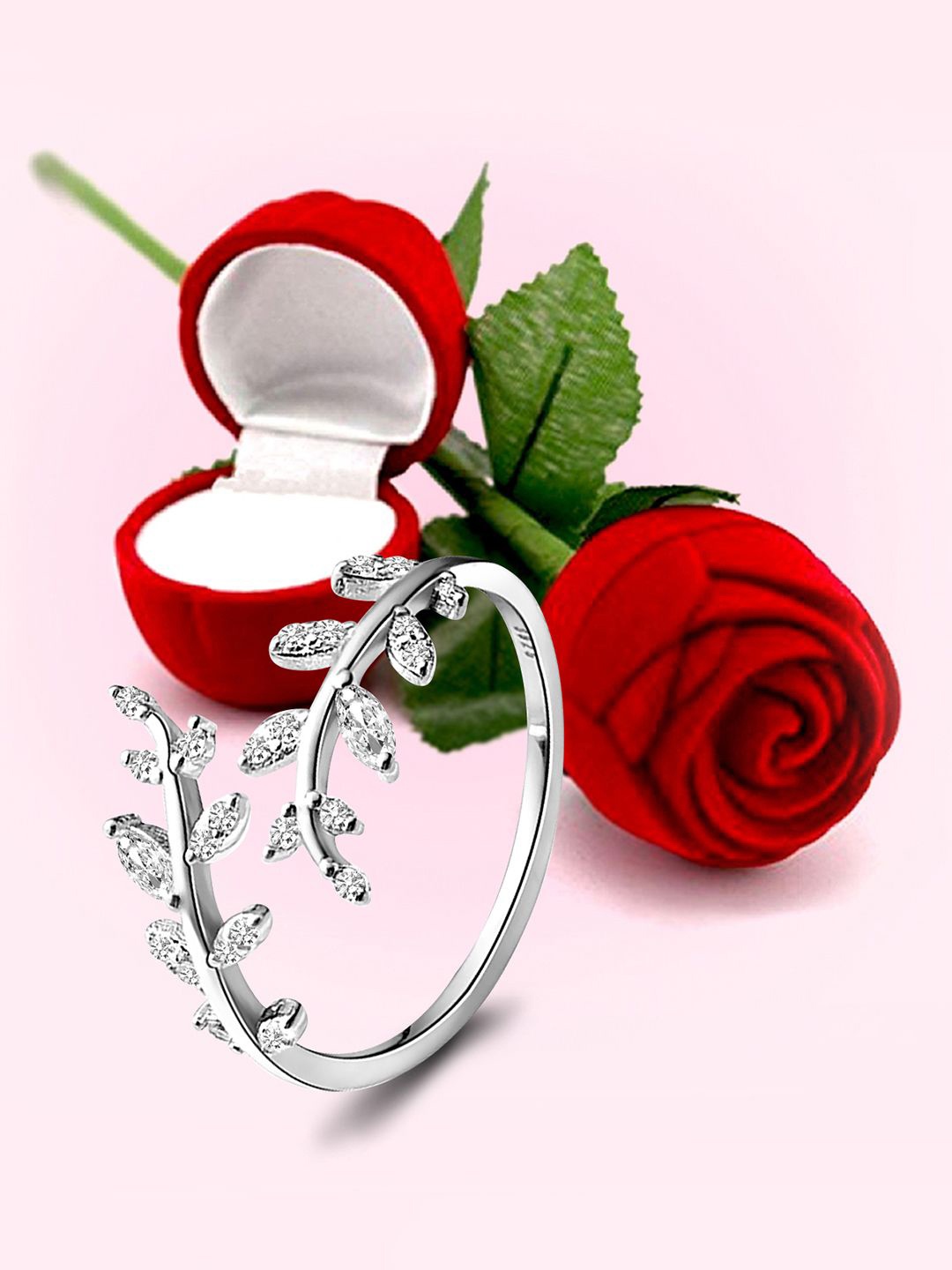 

Peora Silver-Plated American Diamonds Studded Leaf Shaped Finger Ring With Rose Gift Box