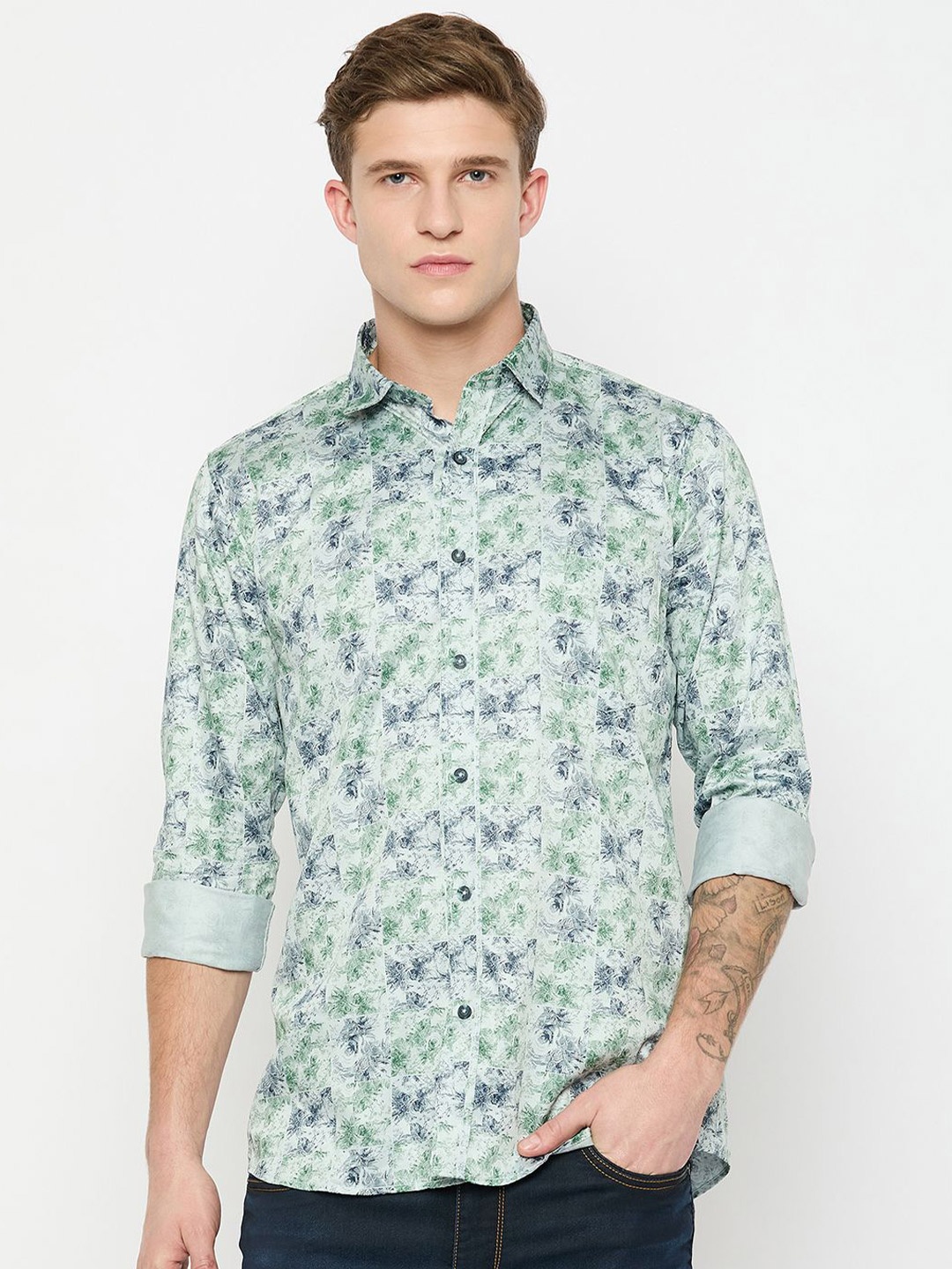 

Duke Men Spread Collar Floral Printed Cotton Casual Shirt, Green