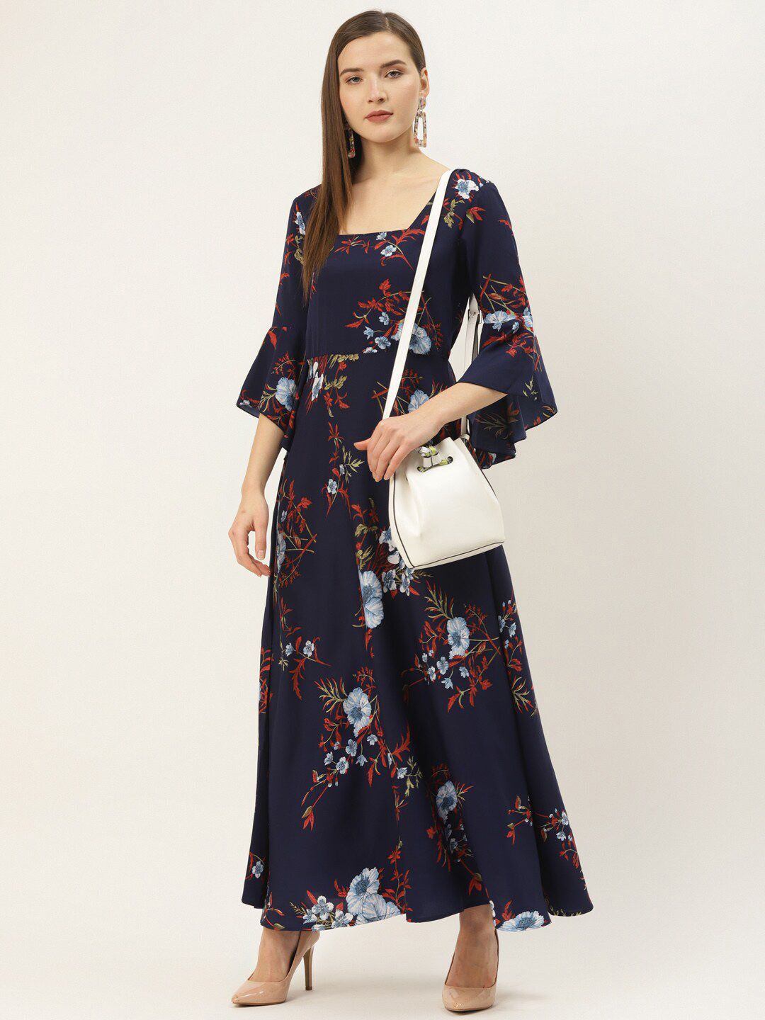 

DressBerry Floral Print Bell Sleeve Crepe A-Line Maxi Dress, Navy blue