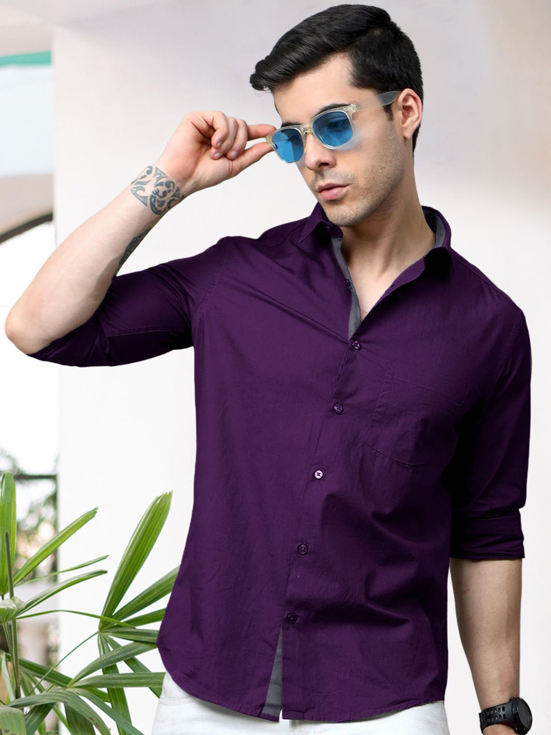 

Moda Rapido Men Standard Fit Spread Collar Solid Cotton Casual Shirt, Purple