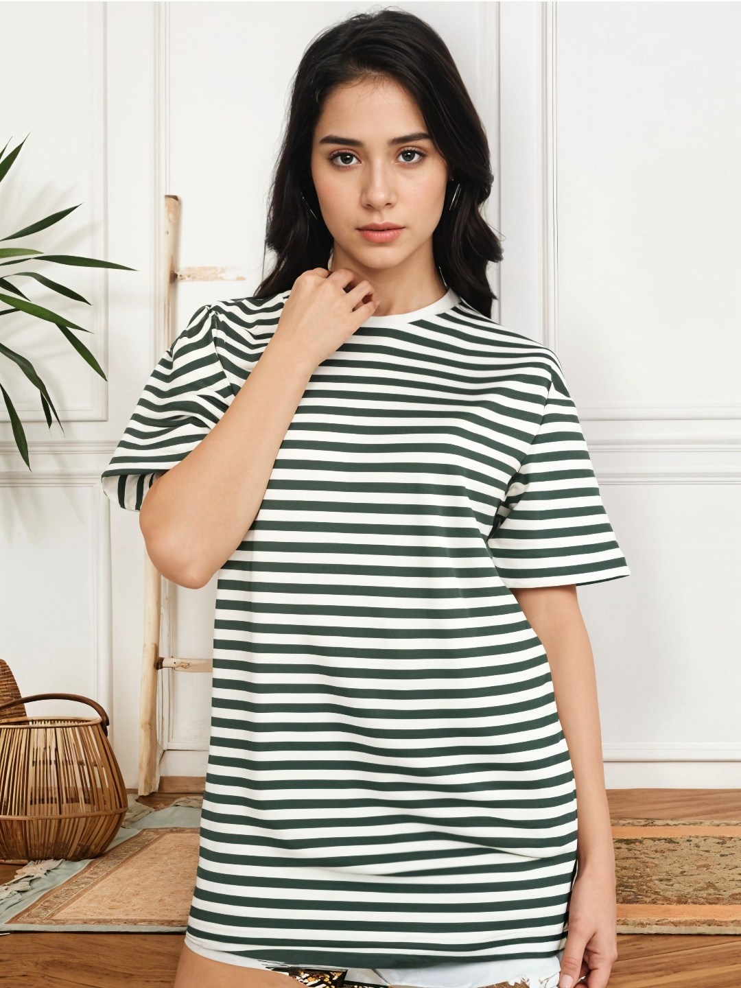 

VIMAL JONNEY Women Striped Round Neck Cotton Oversized T-shirt, Green