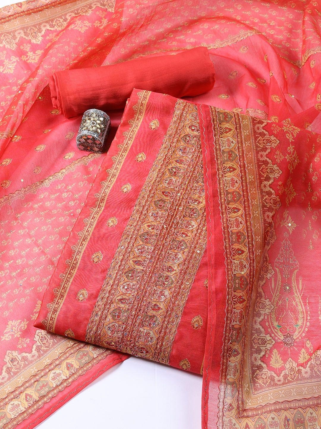 

Meena Bazaar Floral Printed Unstitched Dress Material, Coral